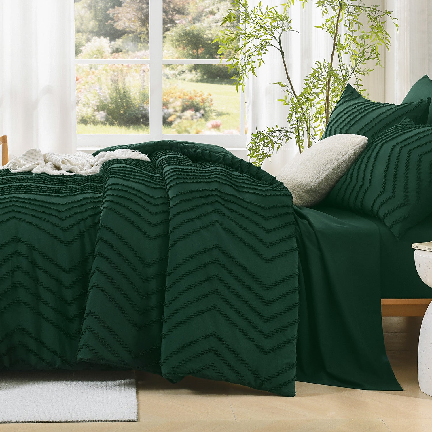 ANGENIA Comforter Sets - 7 Pieces Bed in a Bag Bohemian Cream Soft Fluffy Chevron Elegant Tufted All Season Bed Sets with Comforter, Sheets, Pillowcases & Shams