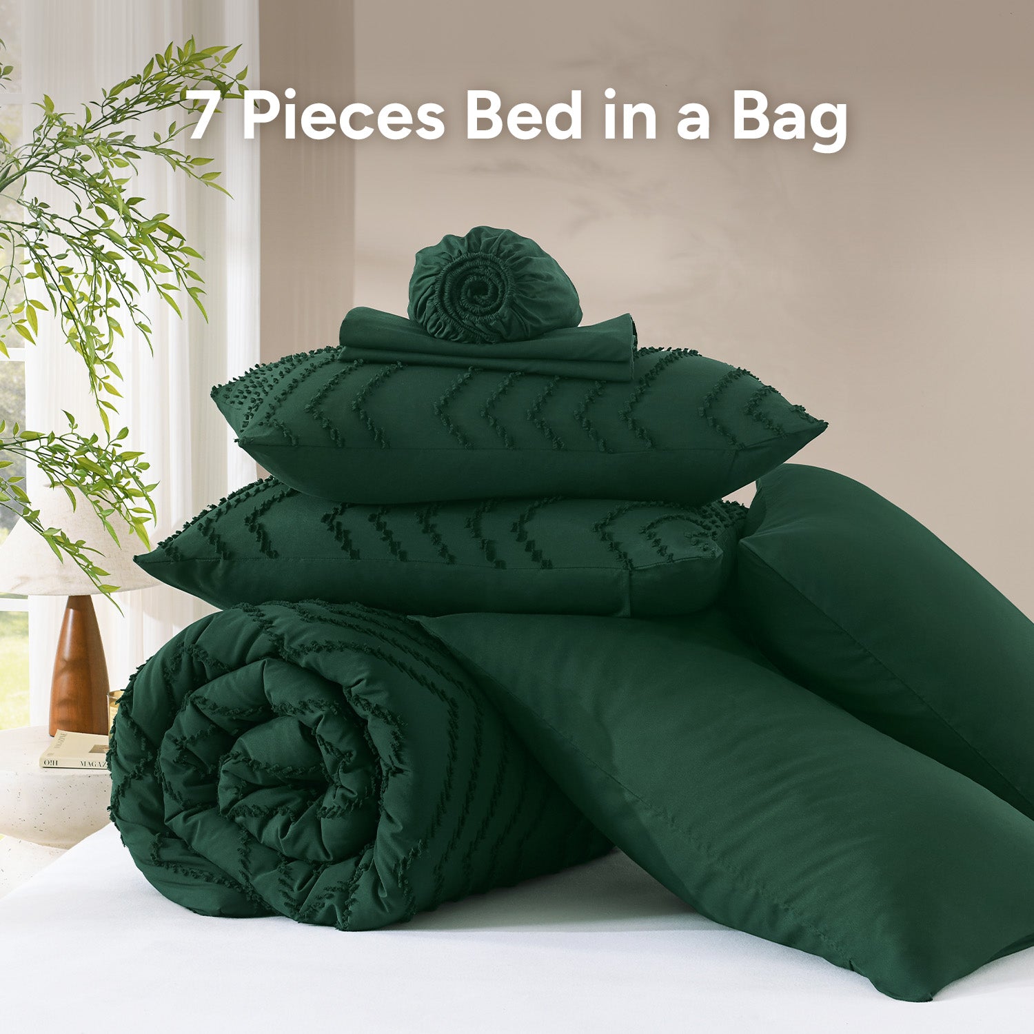 ANGENIA Comforter Sets - 7 Pieces Bed in a Bag Bohemian Cream Soft Fluffy Chevron Elegant Tufted All Season Bed Sets with Comforter, Sheets, Pillowcases & Shams