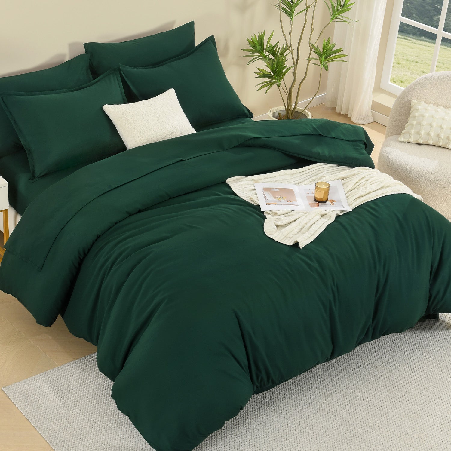 ANGENIA Comforter Sets - 7 Pieces Cream Bed in a Bag, Solid Warm Elegant Cozy Fluffy Bed Set with Comforter, Sheets, Pillowcases & Shams
