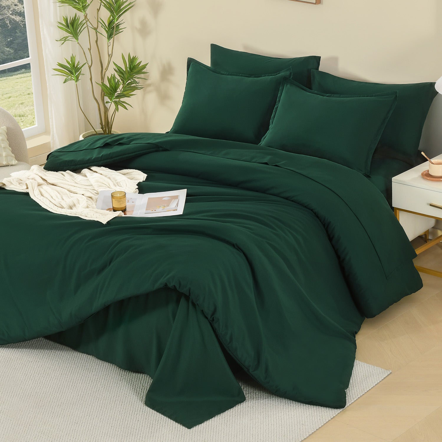 ANGENIA Comforter Sets - 7 Pieces Cream Bed in a Bag, Solid Warm Elegant Cozy Fluffy Bed Set with Comforter, Sheets, Pillowcases & Shams