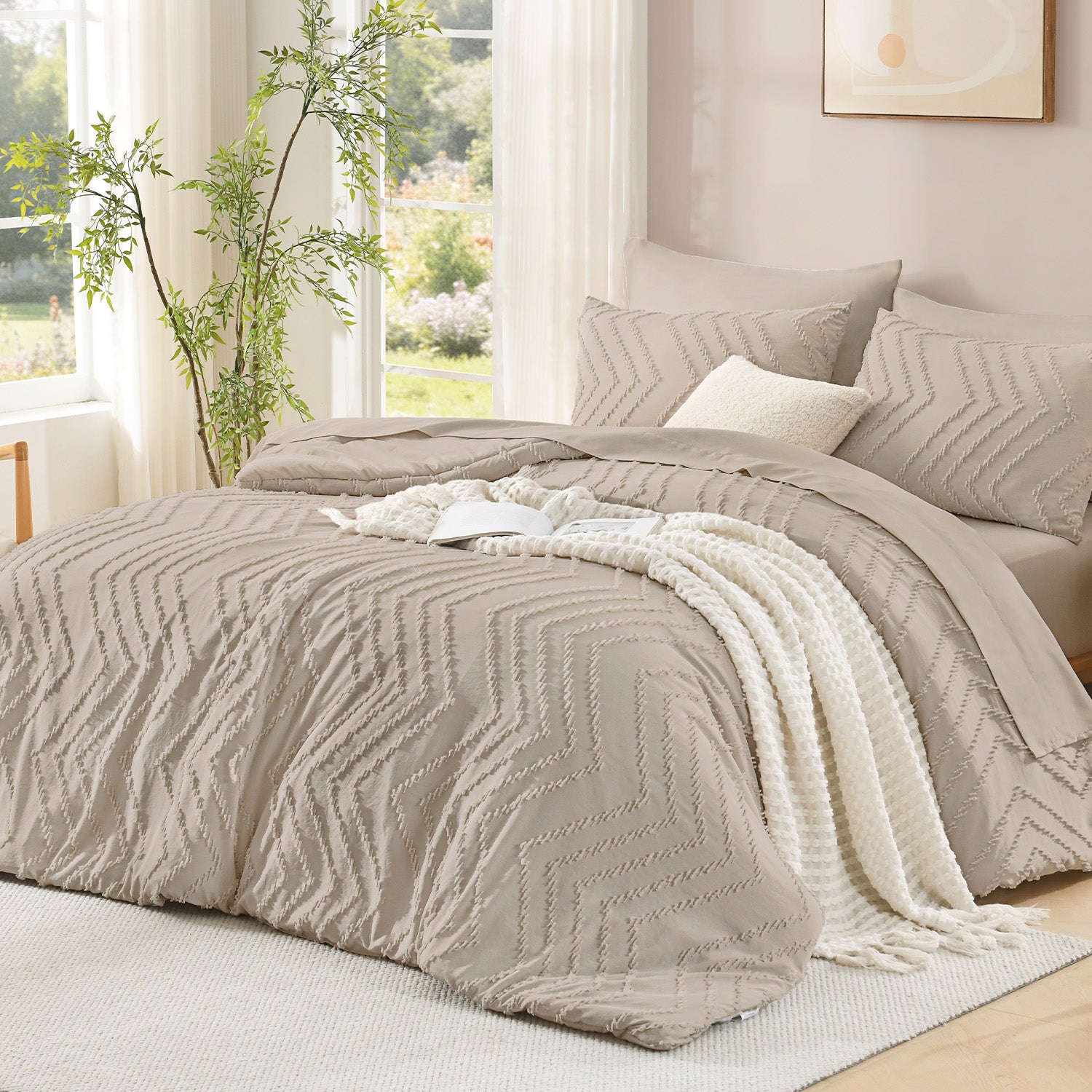ANGENIA Comforter Sets - 7 Pieces Bed in a Bag Bohemian Cream Soft Fluffy Chevron Elegant Tufted All Season Bed Sets with Comforter, Sheets, Pillowcases & Shams