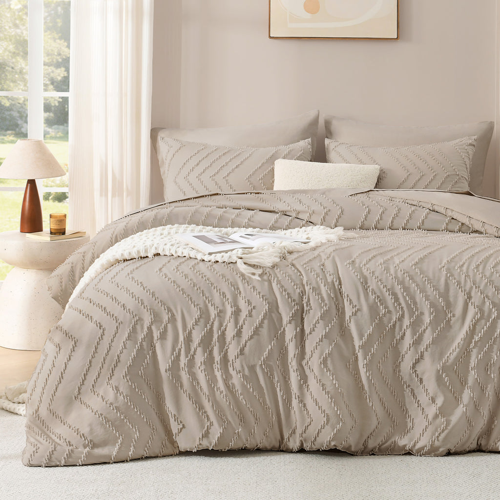 ANGENIA Comforter Sets - 7 Pieces Bed in a Bag Bohemian Cream Soft Fluffy Chevron Elegant Tufted All Season Bed Sets with Comforter, Sheets, Pillowcases & Shams