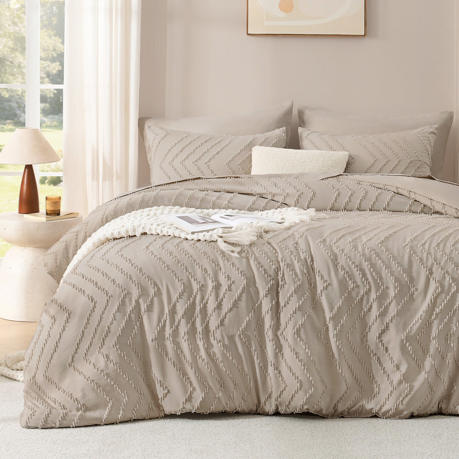 ANGENIA Comforter Sets - 7 Pieces Bed in a Bag Bohemian Cream Soft Fluffy Chevron Elegant Tufted All Season Bed Sets with Comforter, Sheets, Pillowcases & Shams