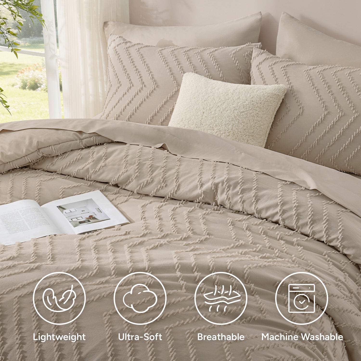 ANGENIA Comforter Sets - 7 Pieces Bed in a Bag Bohemian Cream Soft Fluffy Chevron Elegant Tufted All Season Bed Sets with Comforter, Sheets, Pillowcases & Shams